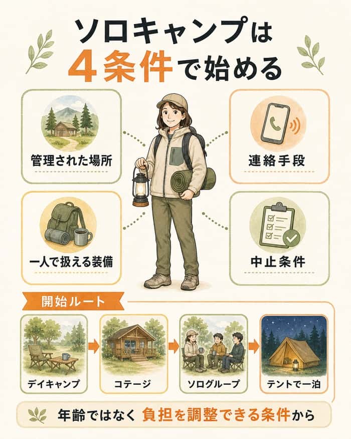 管理・連絡・装備・中止条件と4つの開始ルートを示す図