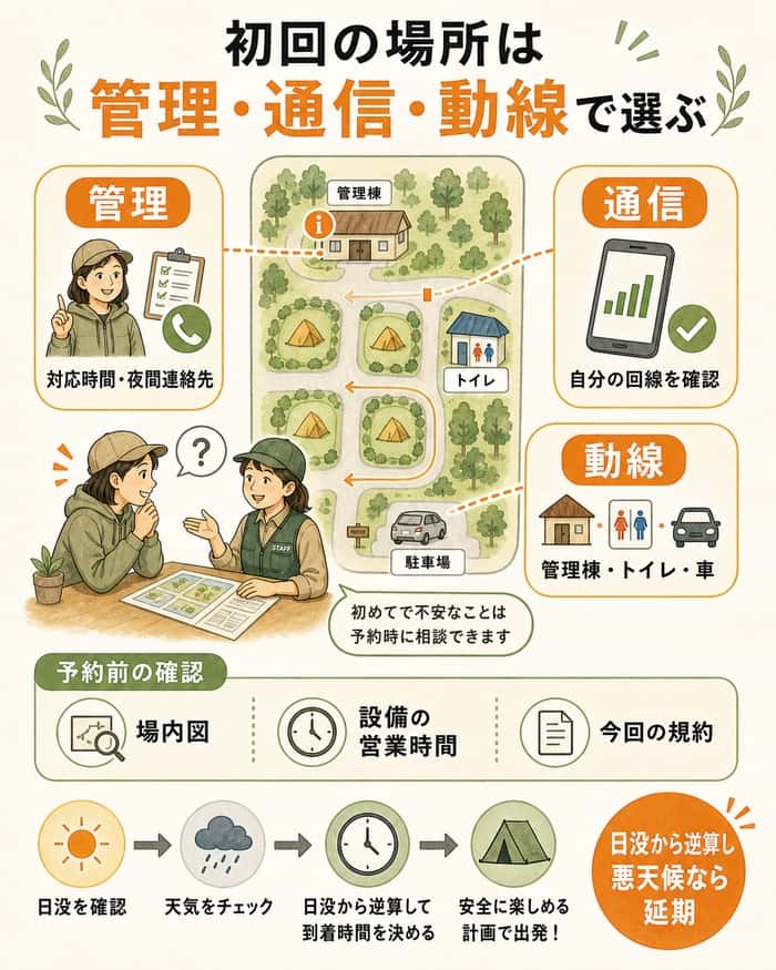 初回のキャンプ場を管理・通信・動線から選ぶ確認図