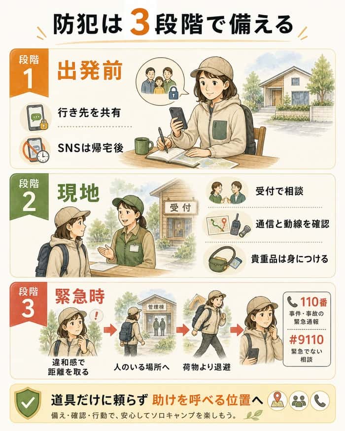 出発前・現地・緊急時の3段階で備える防犯行動図