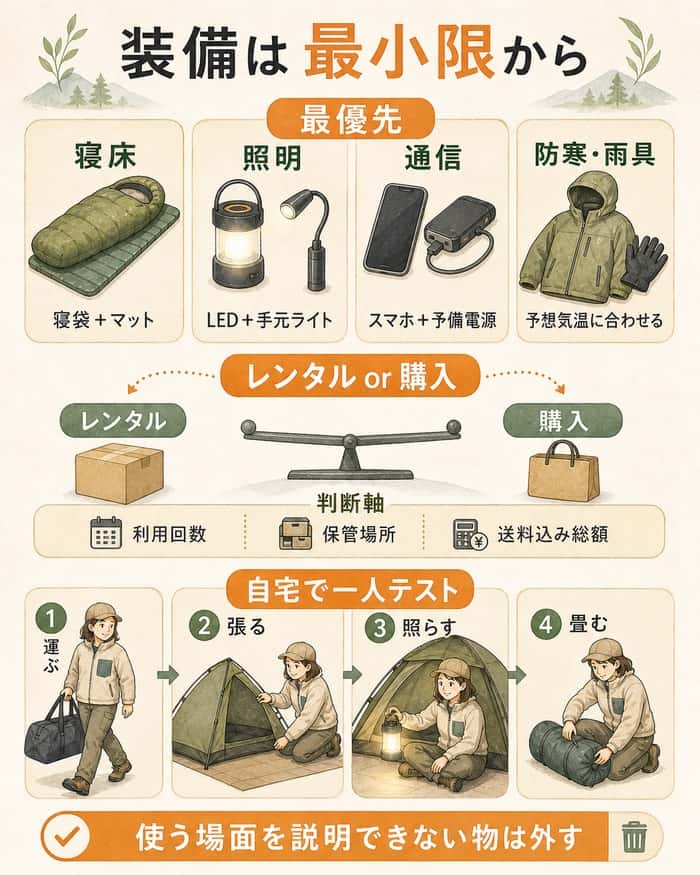 最小限の装備とレンタル・購入・事前テストの判断図