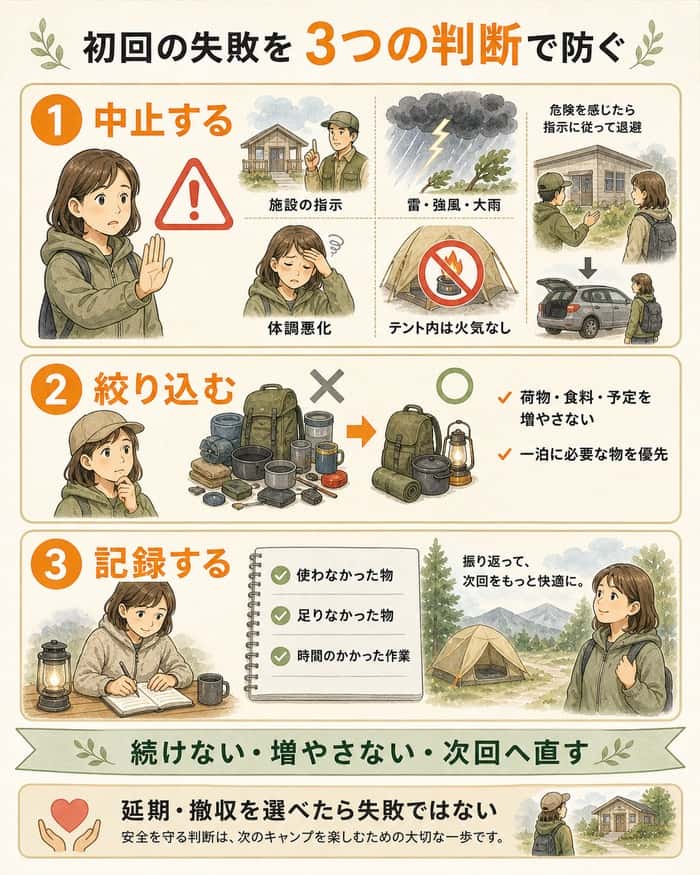 危険時の中止、荷物の絞り込み、振り返りの判断図