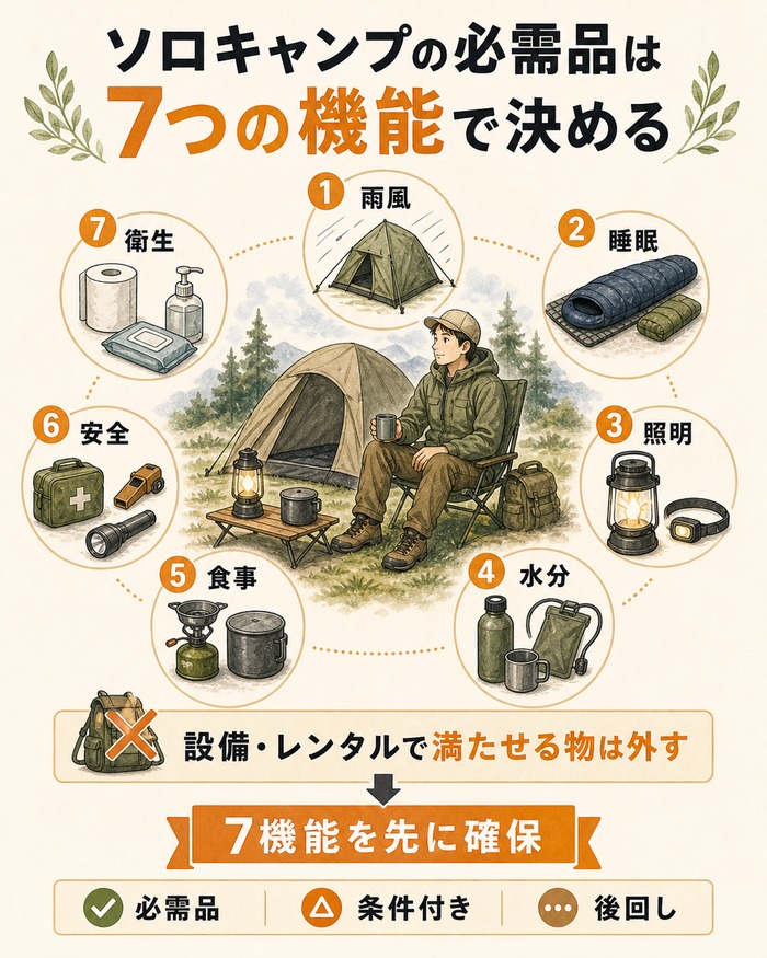 ソロキャンプの必需品を雨風・睡眠・照明・水分・食事・安全・衛生の7機能で整理し、設備やレンタルで満たせる物は外すことを示すインフォグラフィック。
