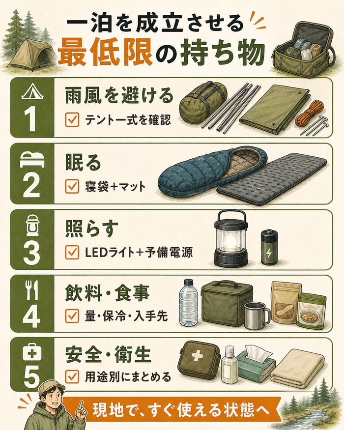 一泊に必要な持ち物を、テント一式、寝袋とマット、LEDライトと予備電源、飲料と食事、安全・衛生用品の5項目で確認するインフォグラフィック。
