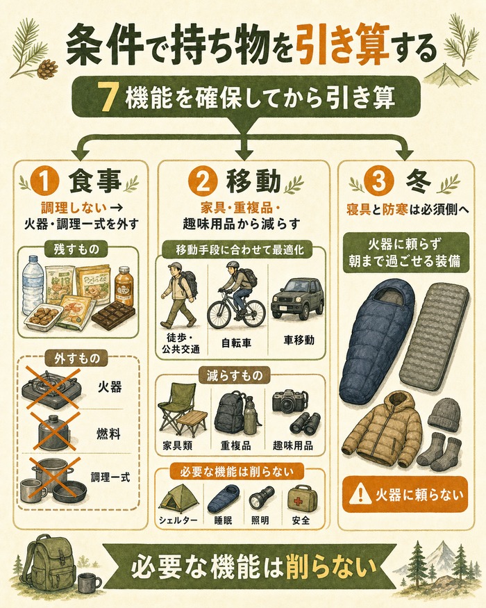 食事・移動・冬の条件に応じて持ち物を減らす方法と、必要な機能は削らない考え方を示すインフォグラフィック。