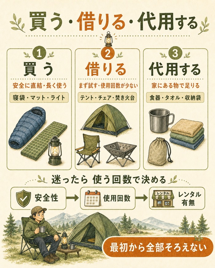 キャンプ用品を、安全性・使用回数・レンタルの有無から、買う・借りる・家にある物で代用するに振り分けるインフォグラフィック。