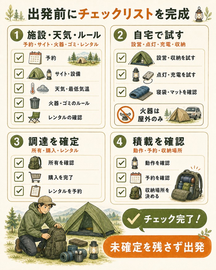 施設・天気・ルール、自宅での試用、調達、積載を出発前に確認するソロキャンプのチェックリスト。