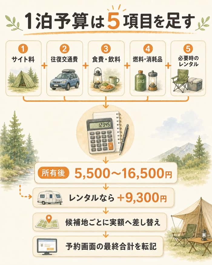 1泊予算の5費目と、所有後・レンタル時の合計方法を示した図