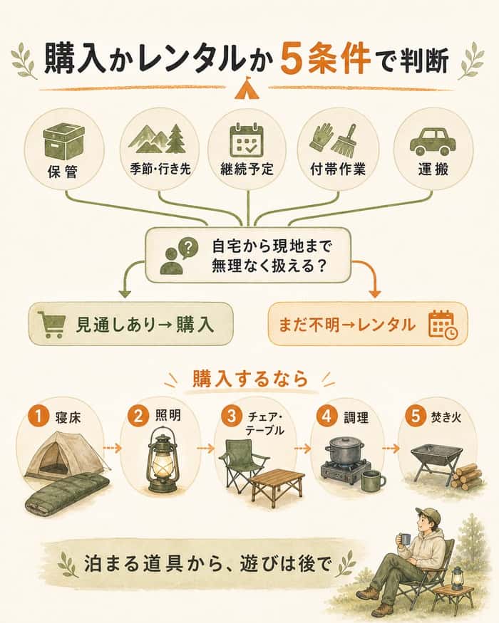 保管や運搬など5条件で購入とレンタルを判断し、購入順を示す図