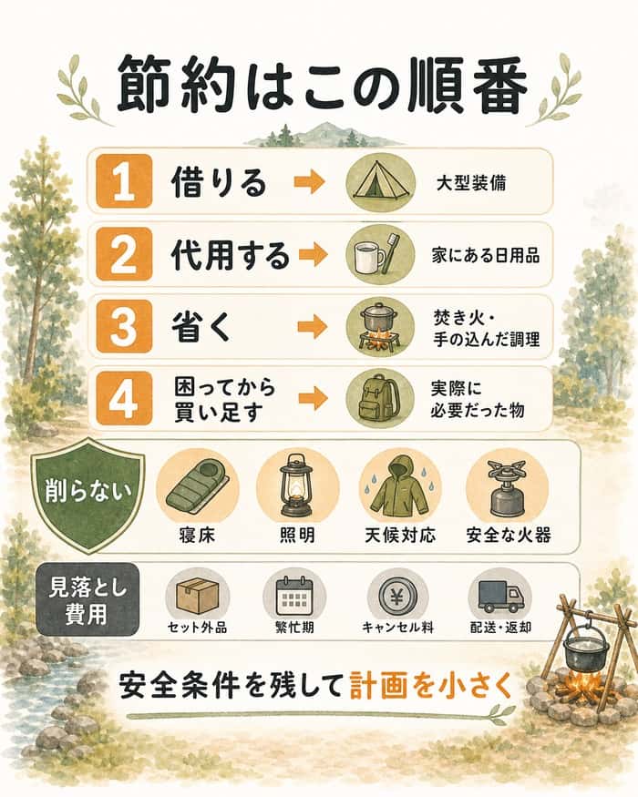 節約する順序と削らない安全装備、見落とし費用を整理した図