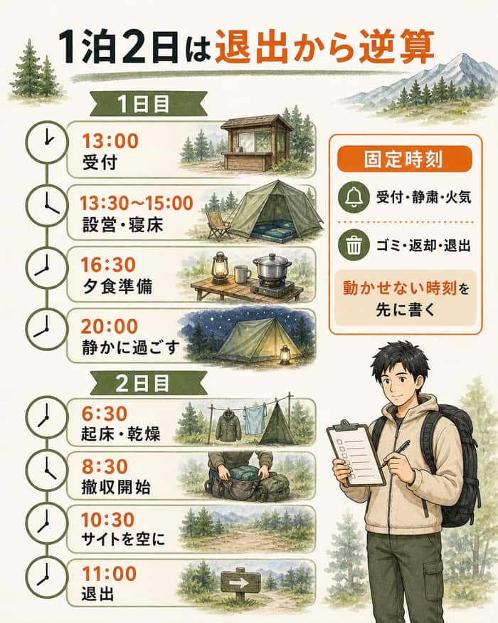 退出時刻から逆算して組む一泊二日の時間割と固定時刻
