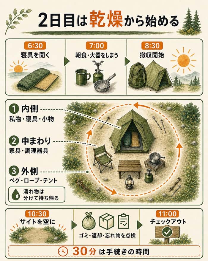 起床後の乾燥から退出までを逆算した撤収の流れ