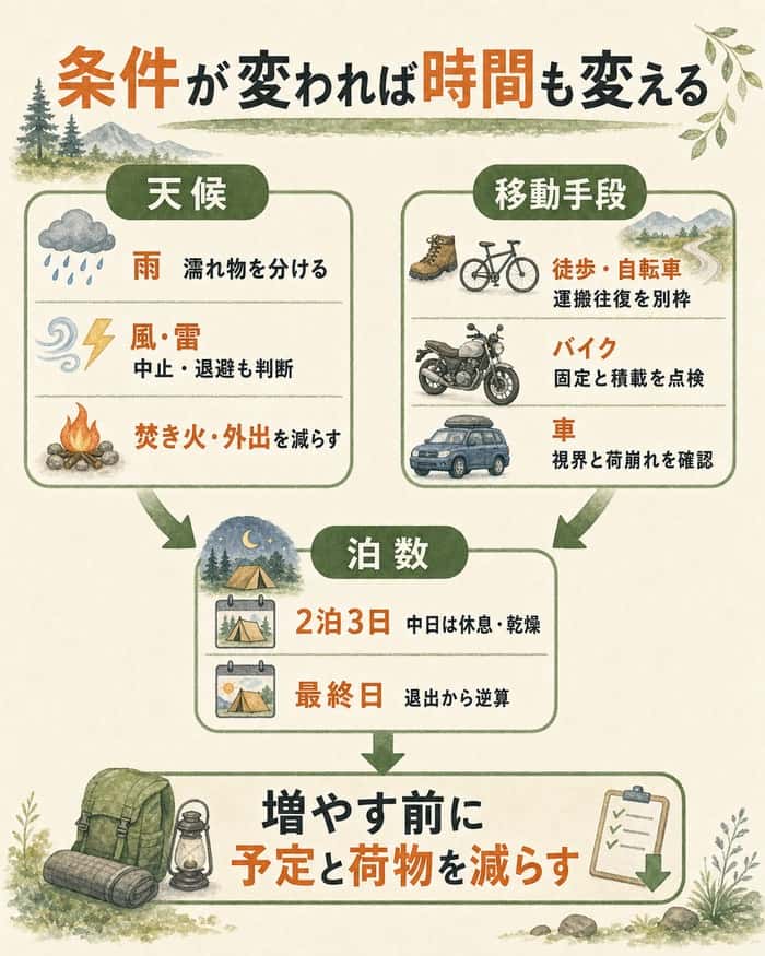 天候と移動手段と泊数に応じた時間配分の変え方