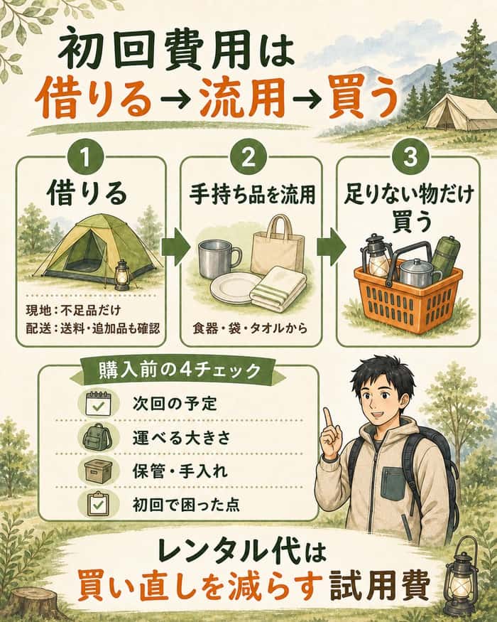 「借りる、手持ち品を流用する、足りない物だけ買う」の3段階と、購入前に確認する4項目を示したソロキャンプ初回費用のインフォグラフィック