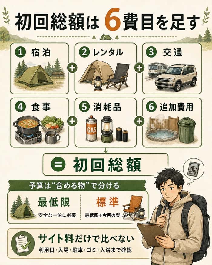 宿泊、レンタル、交通、食事、消耗品、追加費用の6費目を合計し、最低限予算と標準予算を分ける方法を示したインフォグラフィック