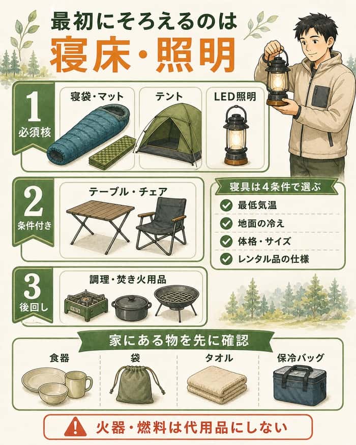 寝袋・マット、テント、LED照明を必須核とし、条件付き装備や後回し品、寝具選びの4条件を整理したインフォグラフィック