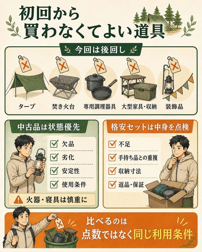 初回に後回しにできるタープや焚き火台などの道具と、中古品・格安セットを選ぶ際の点検項目を示したインフォグラフィック