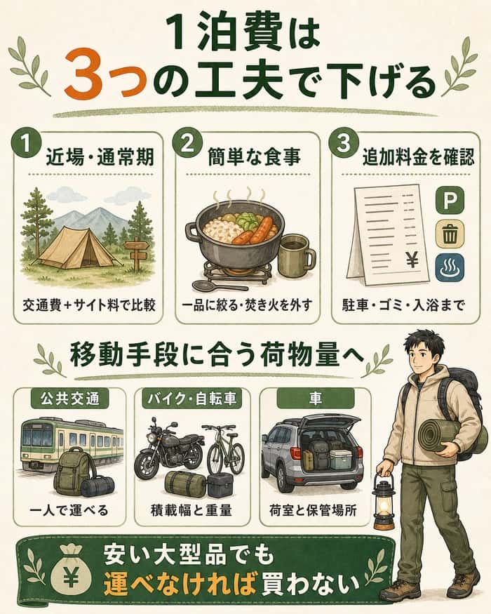 近場・通常期、簡単な食事、追加料金の確認で一泊費を下げ、移動手段に合う荷物量を選ぶ方法を示したインフォグラフィック