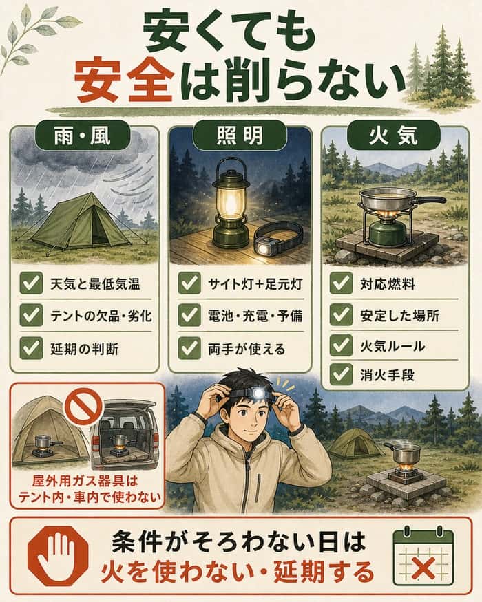 雨風、照明、火気の安全条件と、屋外用ガス器具をテント内・車内で使わない注意をまとめたインフォグラフィック