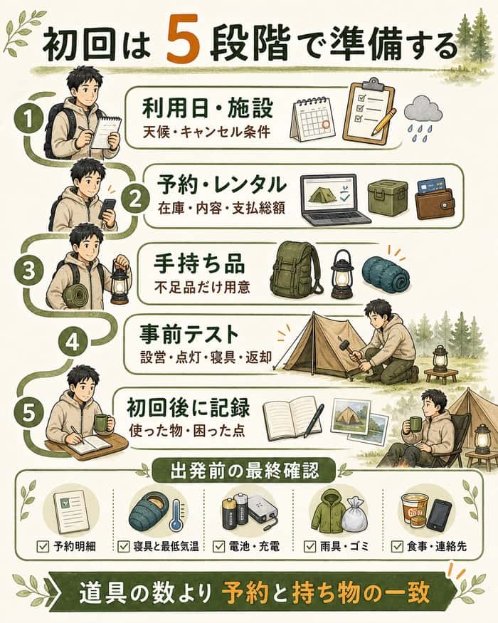 利用日と施設の選定から初回後の記録までの5段階と、出発前の最終確認項目を示したインフォグラフィック
