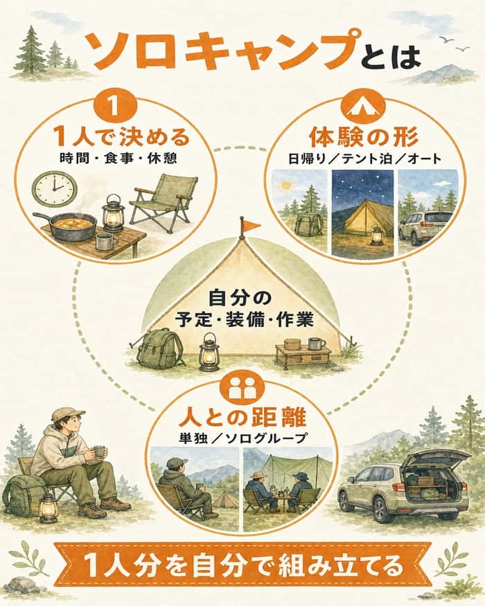 ソロキャンプの定義を時間・体験形態・人との距離で整理した図
