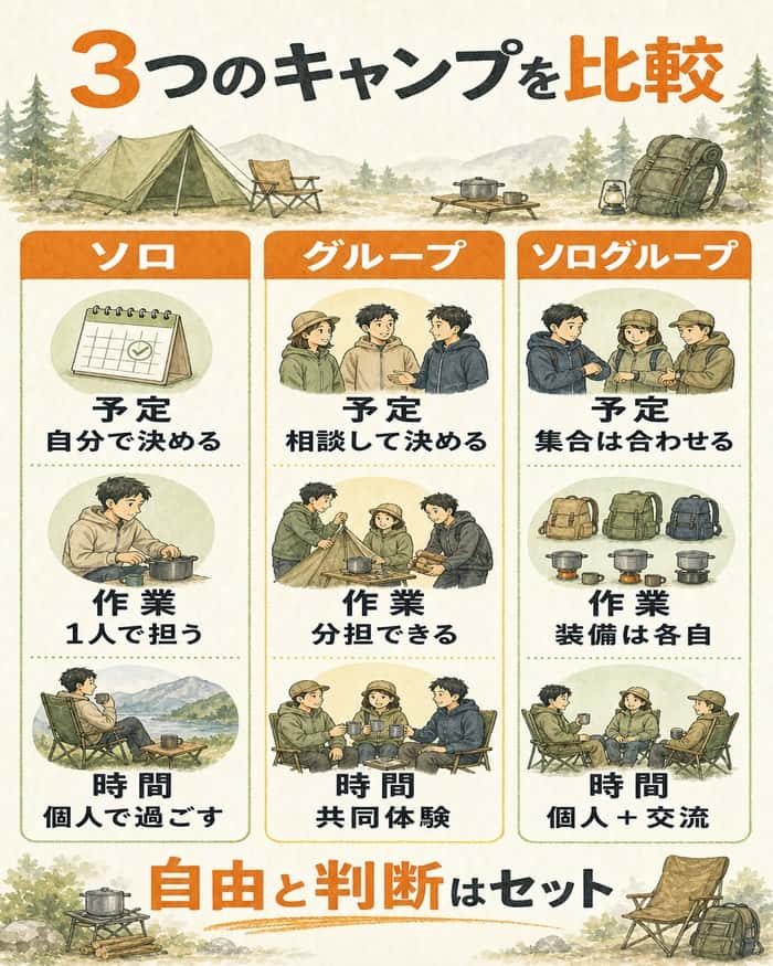 ソロ・グループ・ソログループの予定、作業、時間の違いを比べた図