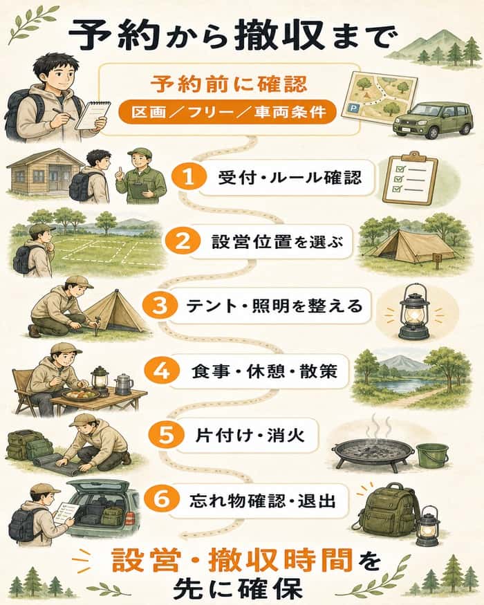 予約前の確認から受付、設営、滞在、消火、退出までの流れを示す図