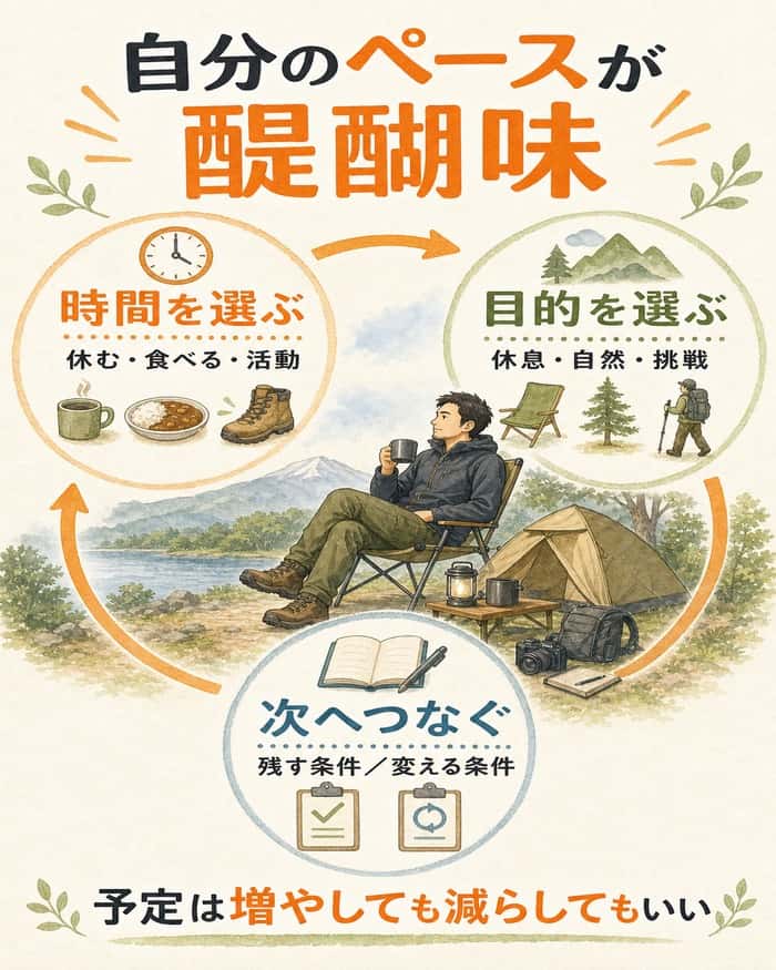 ソロキャンプで時間と目的を選び、次回の条件へつなぐ魅力の図
