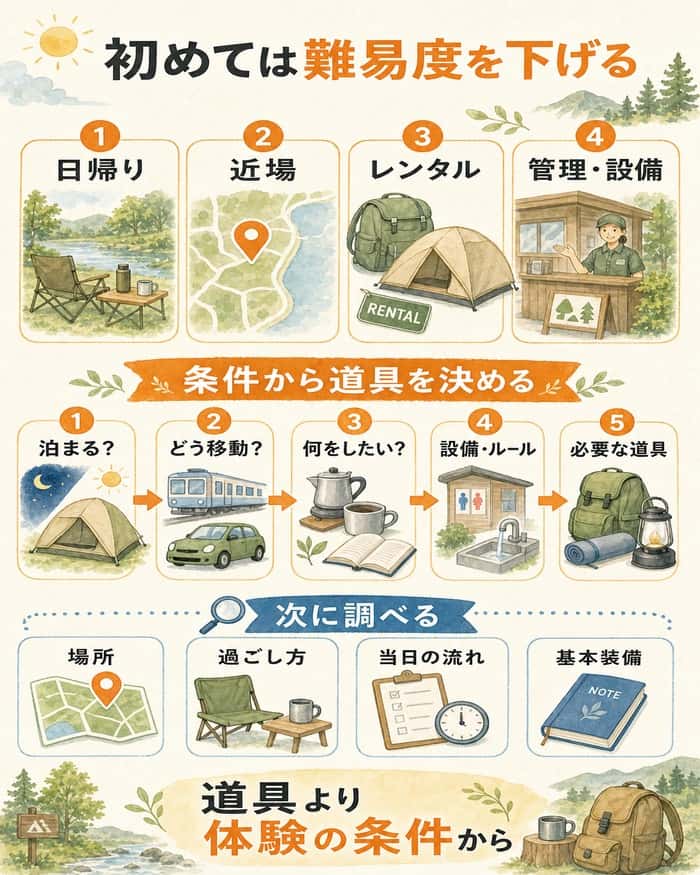 日帰りなどで難易度を下げ、体験条件から道具を決める手順の図