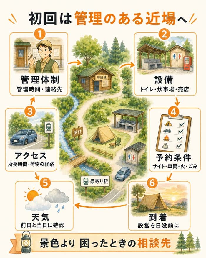管理体制や設備、予約条件、天気を確認するキャンプ場選び
