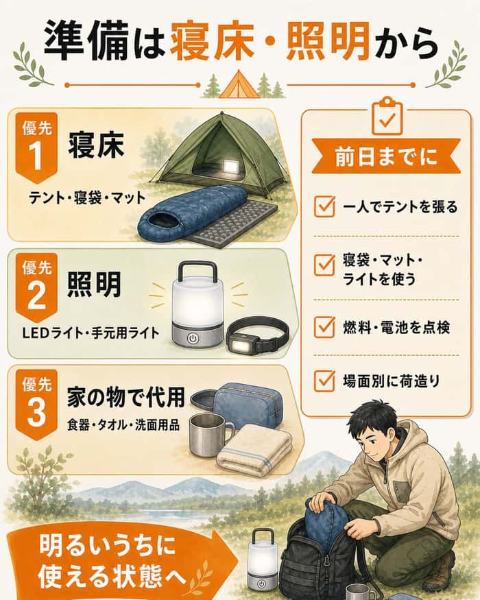 寝床とLED照明を優先し、前日までの準備を確認する図