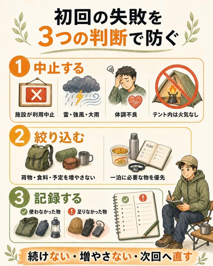 中止条件、荷物の絞り込み、次回への記録を示した図