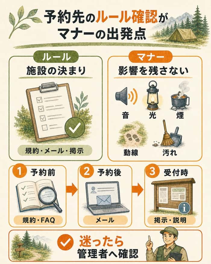 予約先のルールと周囲への配慮を3段階で確認する図