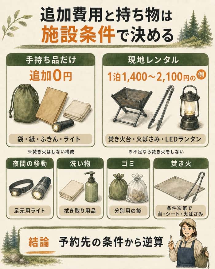 施設条件から追加費用と持ち物を逆算する比較図