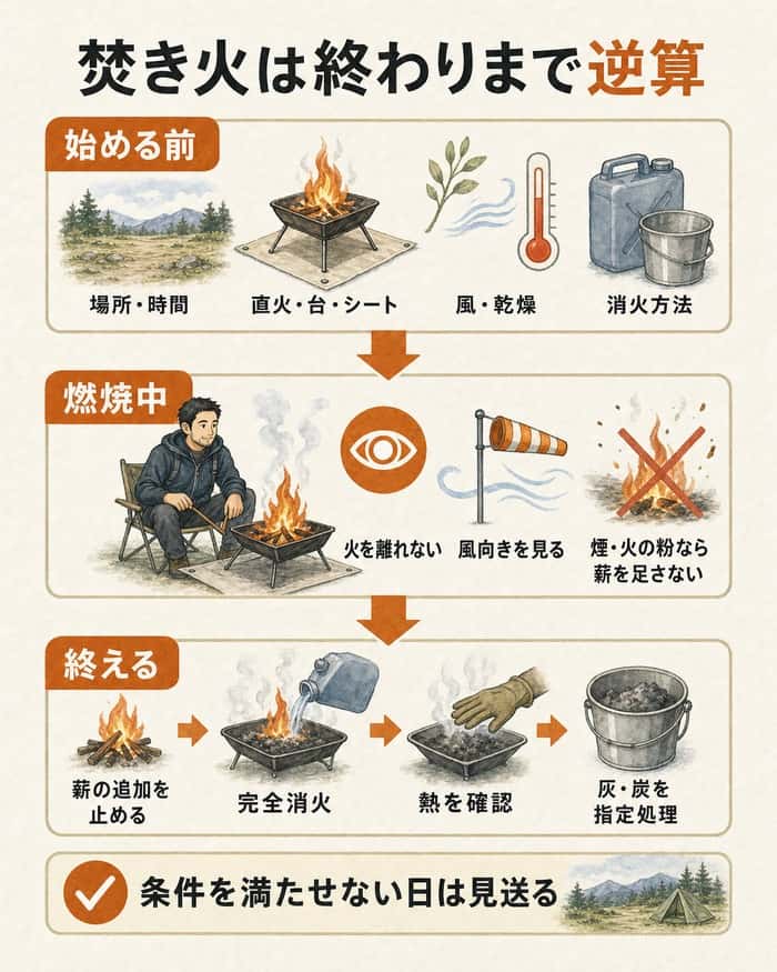 焚き火の事前確認から完全消火までを示す手順図