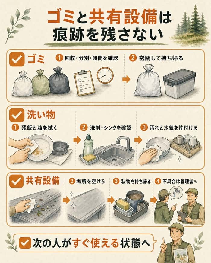 ゴミ・洗い物・共有設備を次の人へ戻す手順図