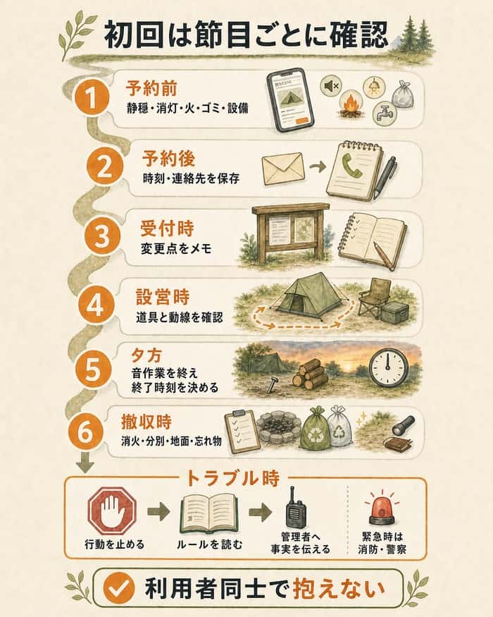 予約前から撤収とトラブル対応までの確認フロー図