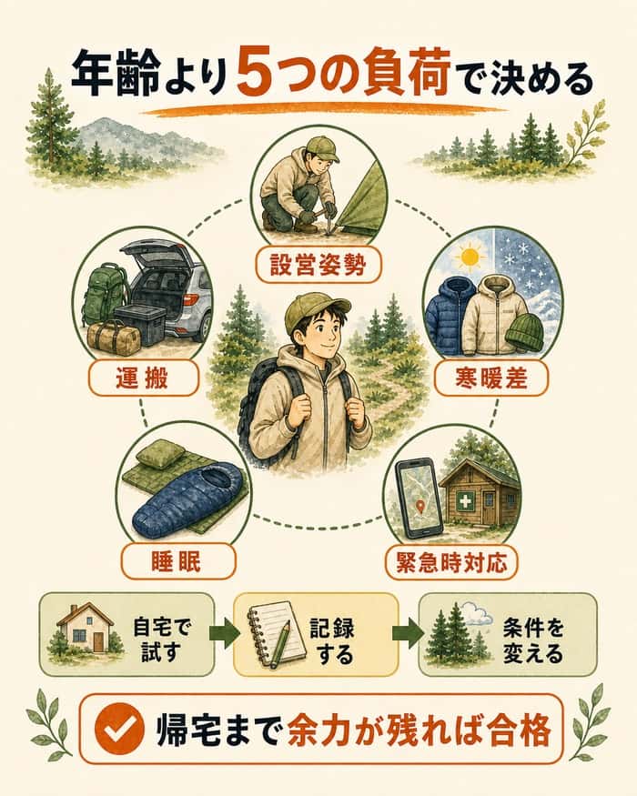 年齢ではなく設営や運搬など5つの負荷を測る判断図