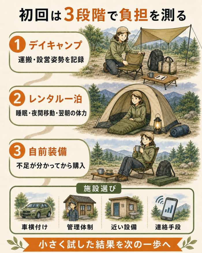 デイキャンプから自前装備へ進む3段階と施設選び