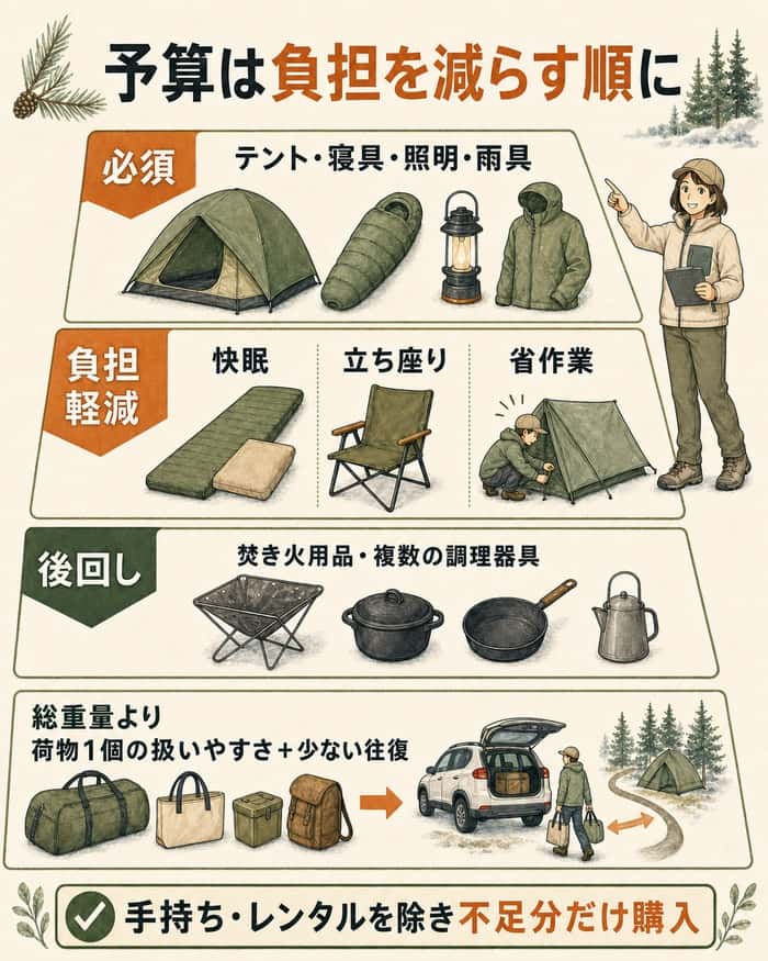 必須・負担軽減・後回しで予算の優先順位を示す図