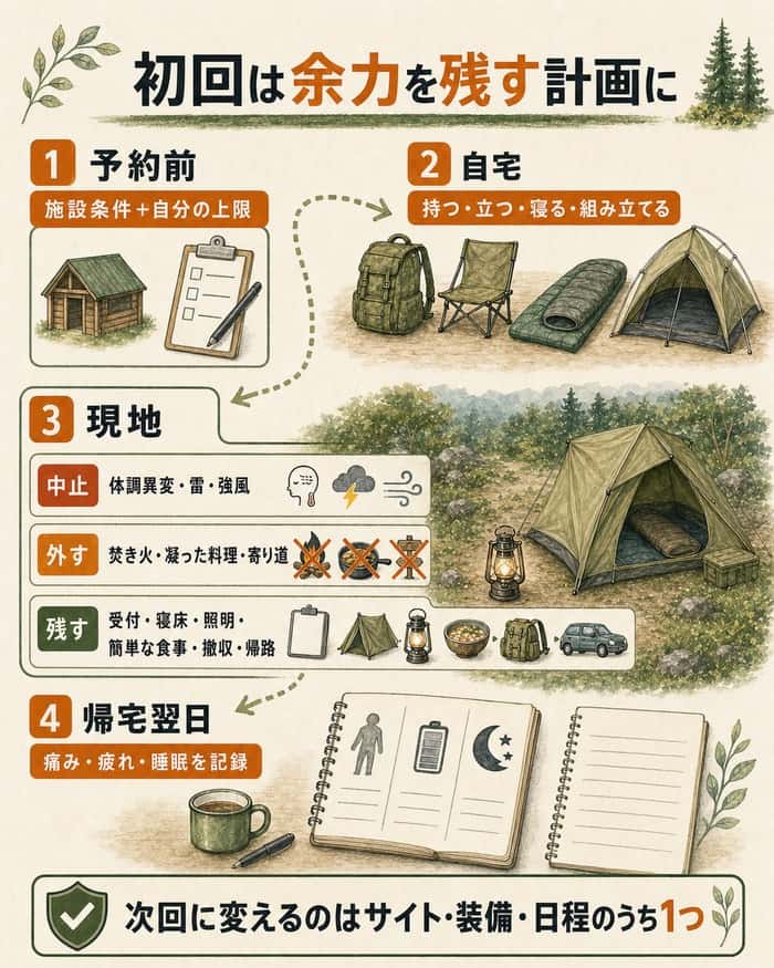予約前から帰宅翌日まで余力を残す初回計画の流れ