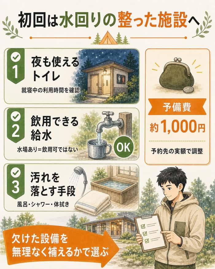 夜間トイレ・飲用給水・入浴手段で初回のキャンプ場を選ぶ図