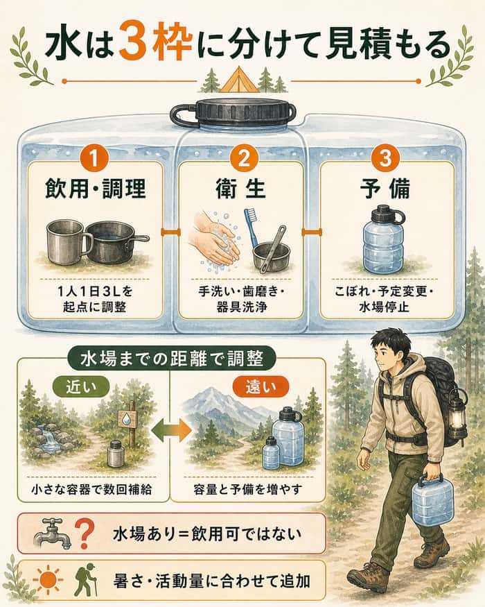 キャンプの水を飲用調理・衛生・予備の三用途で見積もる図