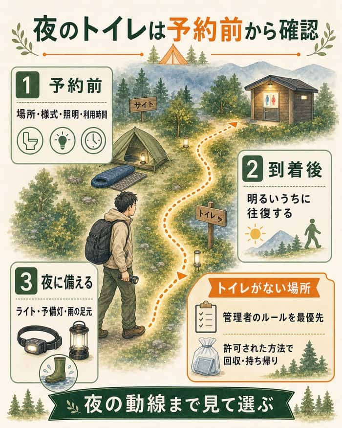 予約前から夜間までトイレの場所と動線を確認する流れの図