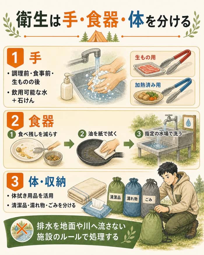 手・食器・体を分けて衛生と排水を管理する手順の図