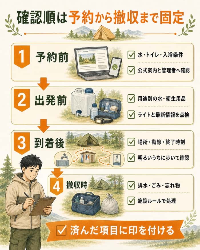 予約前・出発前・到着後・撤収時の水回り確認手順の図