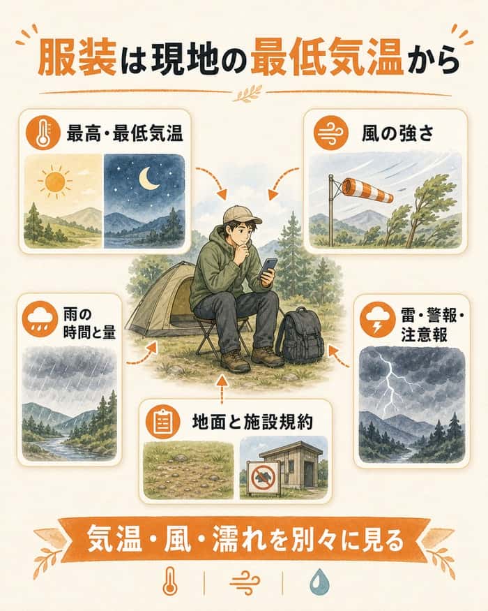 現地の最低気温、風、雨、雷、施設条件で服装を判断する図解