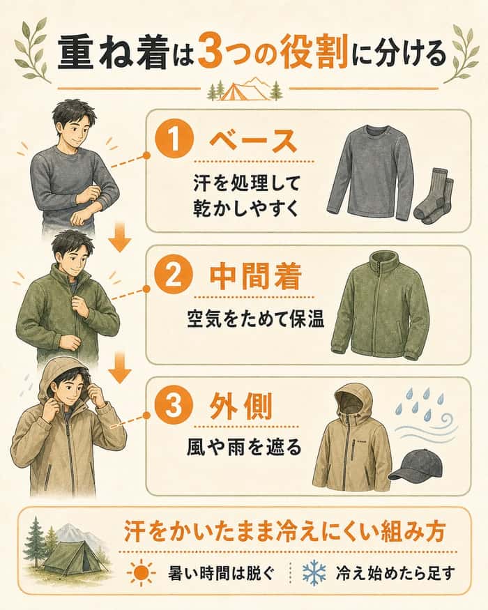 ベース・中間着・外側の三層と脱ぎ着の考え方を示す図解