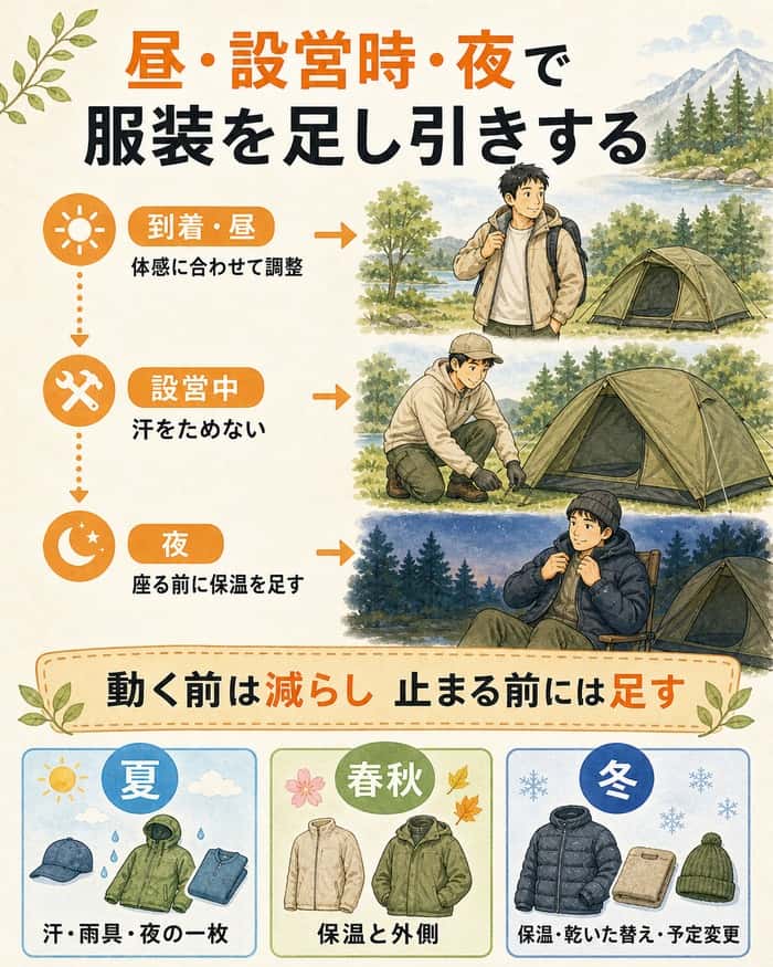 昼、設営中、夜と季節ごとの服装調整を示すタイムライン