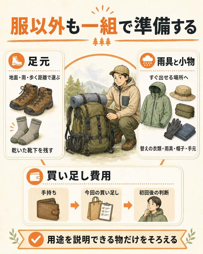 足元、雨具と小物、買い足し費用の考え方をまとめた図解