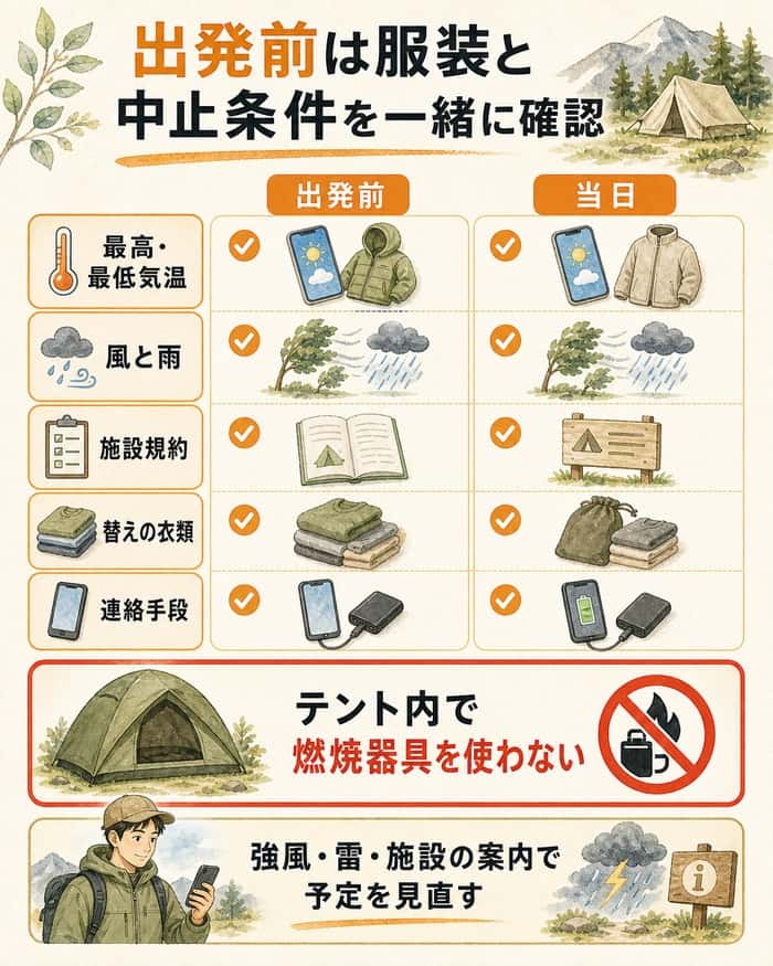出発前と当日の確認項目、テント内火気禁止を示す安全図解